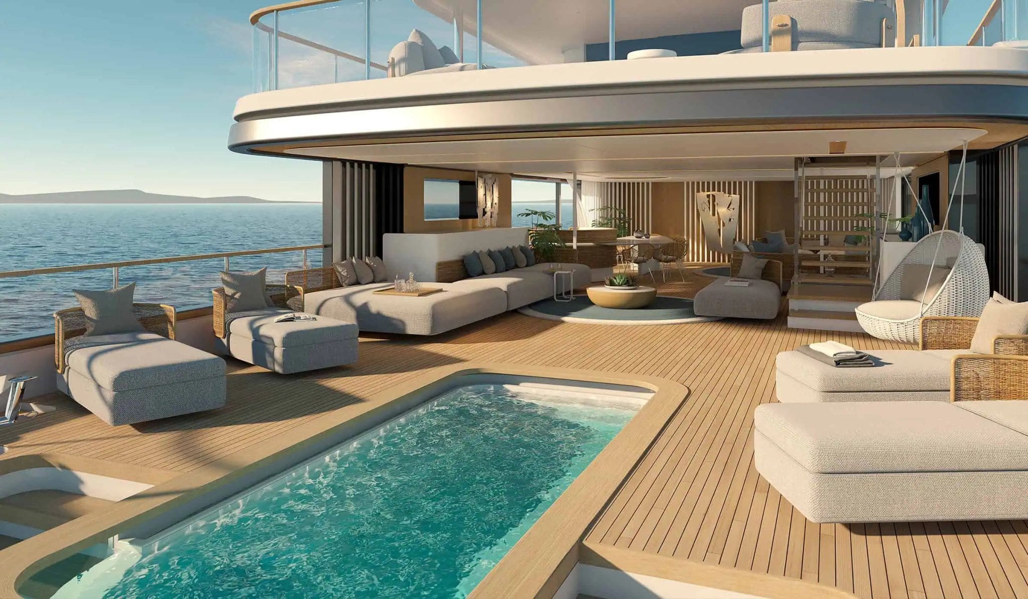 The Veranda Deck of the Benetti Motopanfilo 45M with its pool and lounge seating