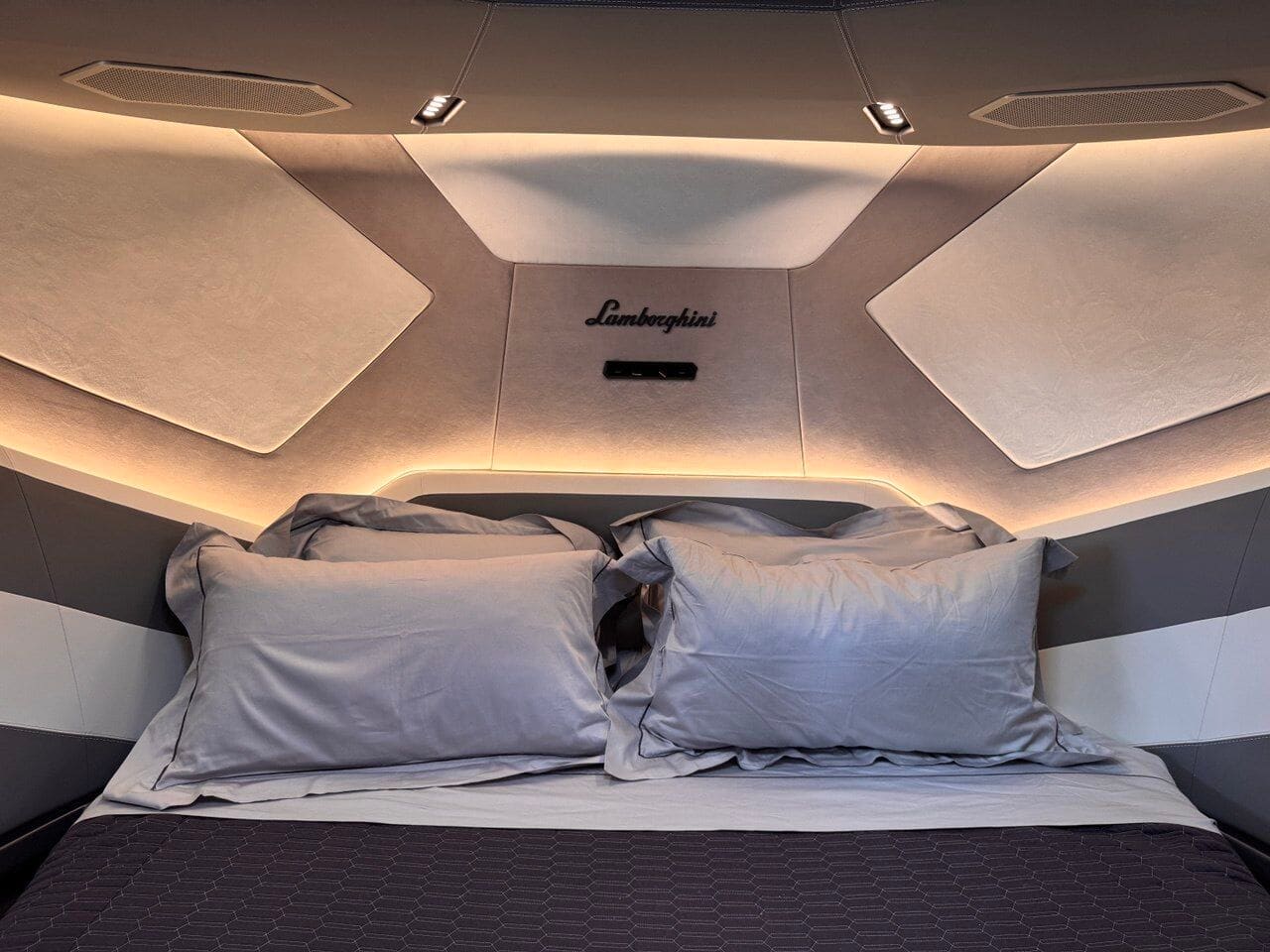 The Lamborghini-branded master cabin aboard the Tecnomar 63