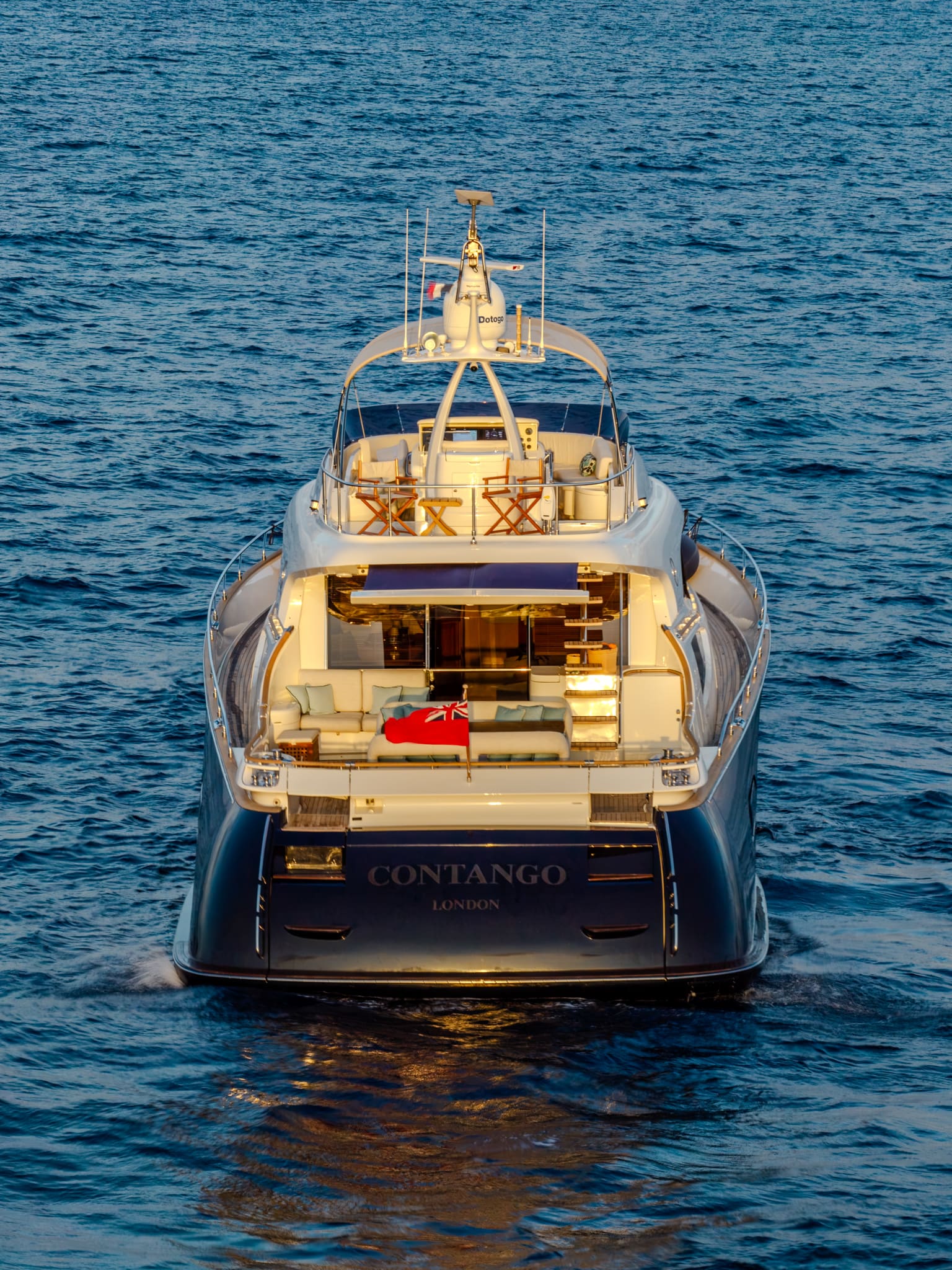 Mochi Craft Dolphin 74 Contango, stern view with the name on the transom