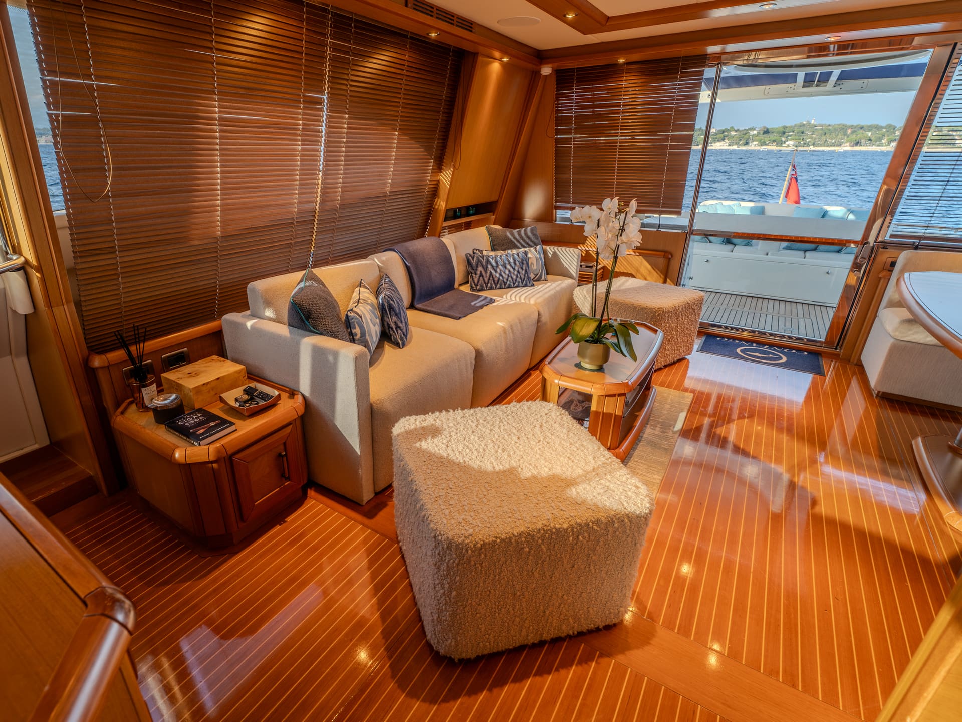 Mochi Craft Dolphin 74 Contango, main salon looking aft to the cockpit doors