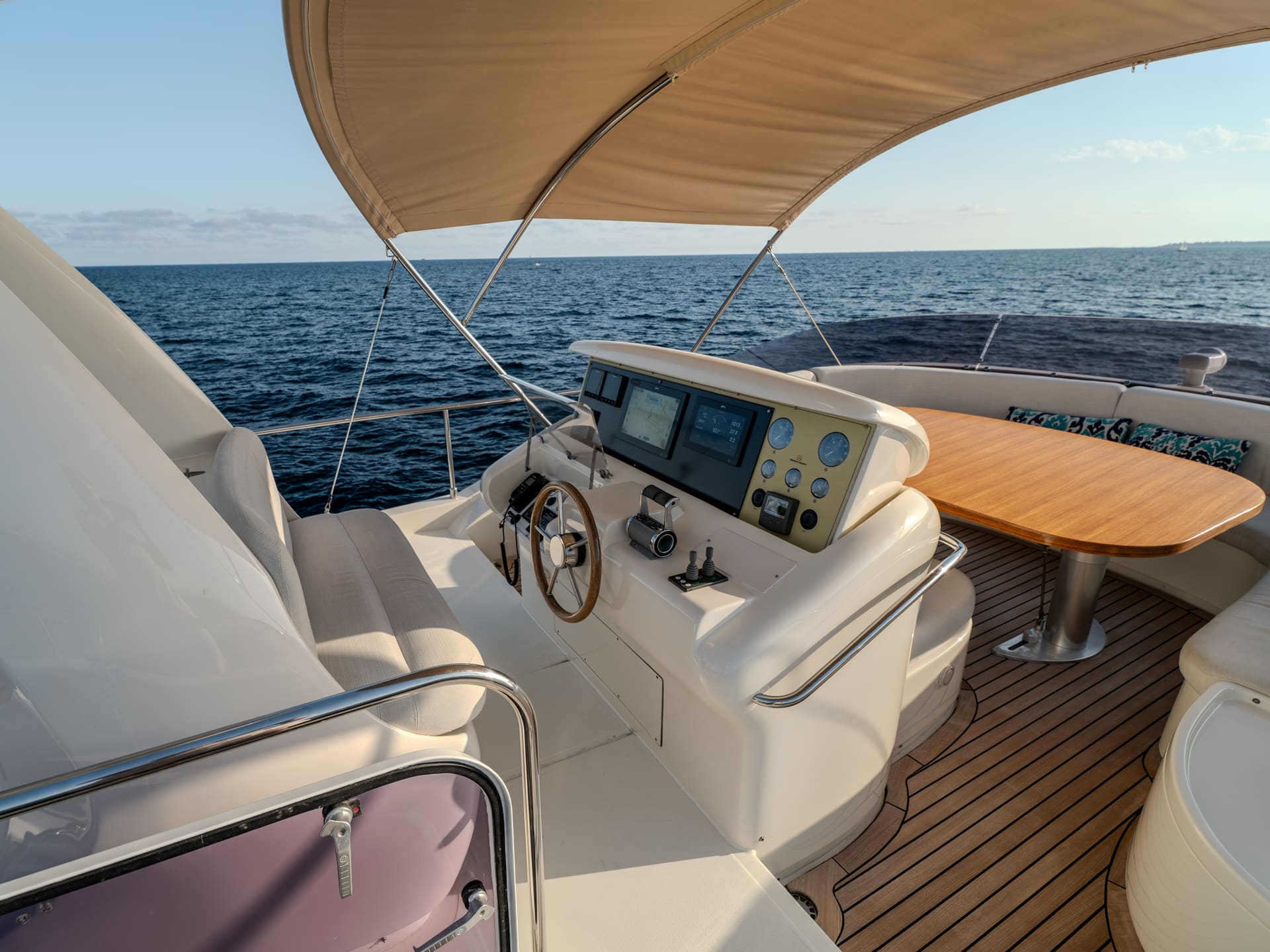 Mochi Craft Dolphin 74 Contango, flybridge helm under the bimini